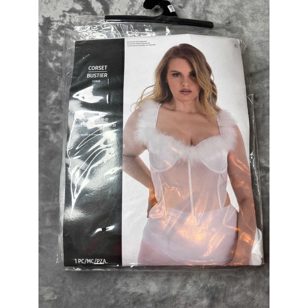White Sheer Mesh Corset Bustier Faux Fur Trim Plus Size 2XL 18-20 Lingerie Top